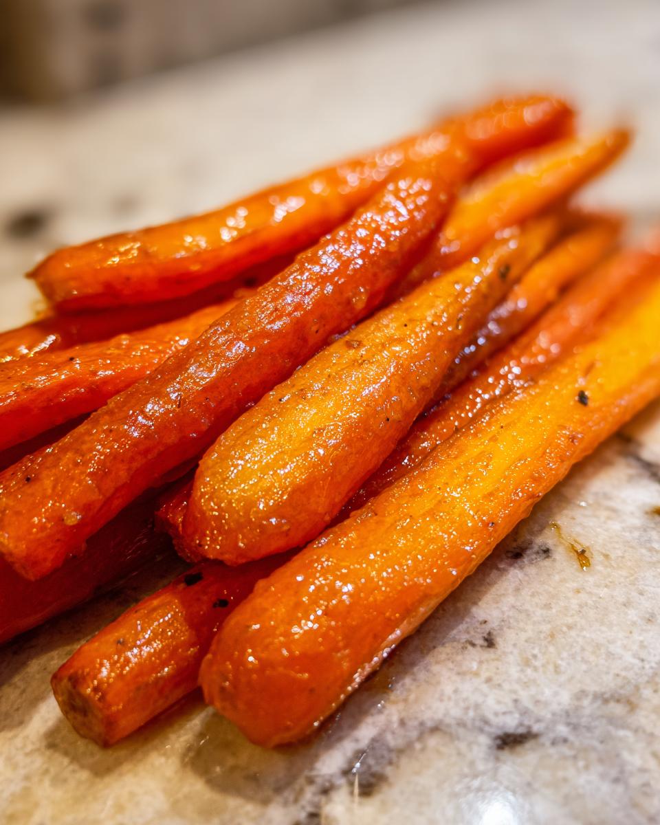 Close-up of glistening Honey Butter Roasted Carrots, showing their vibrant orange color and caramelized glaze.