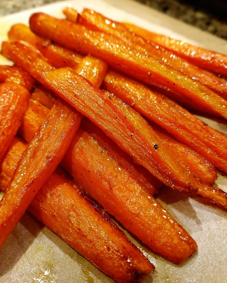 Close-up of glistening Honey Butter Roasted Carrots, showing their vibrant orange color and slight char.