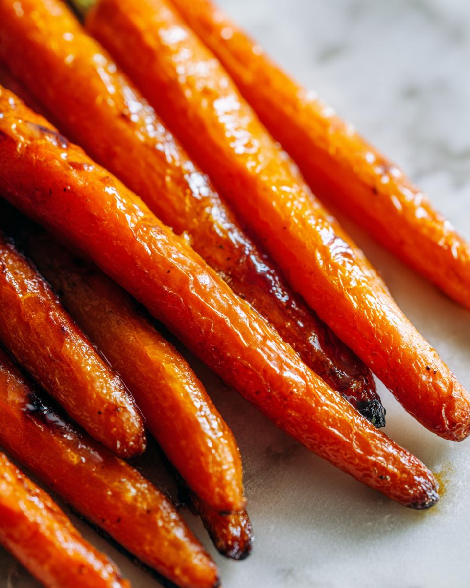 Close-up shot of glistening Honey Butter Roasted Carrots, showcasing their caramelized edges and vibrant orange color.