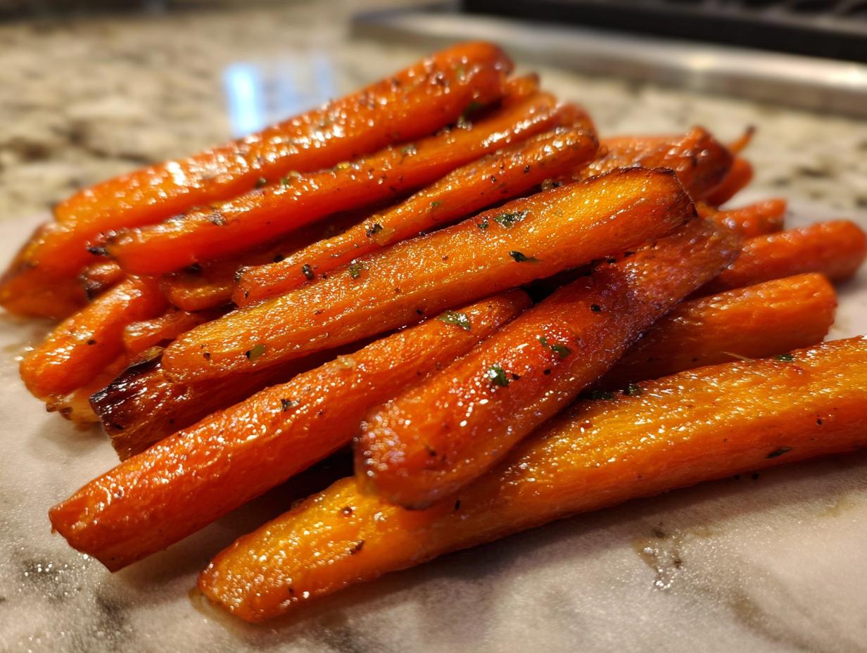 Close-up of a pile of glistening Honey Butter Roasted Carrots, sprinkled with herbs.