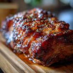 Close-up of a glistening Honey Glazed Ham, coated in spices and resting on a wooden board.
