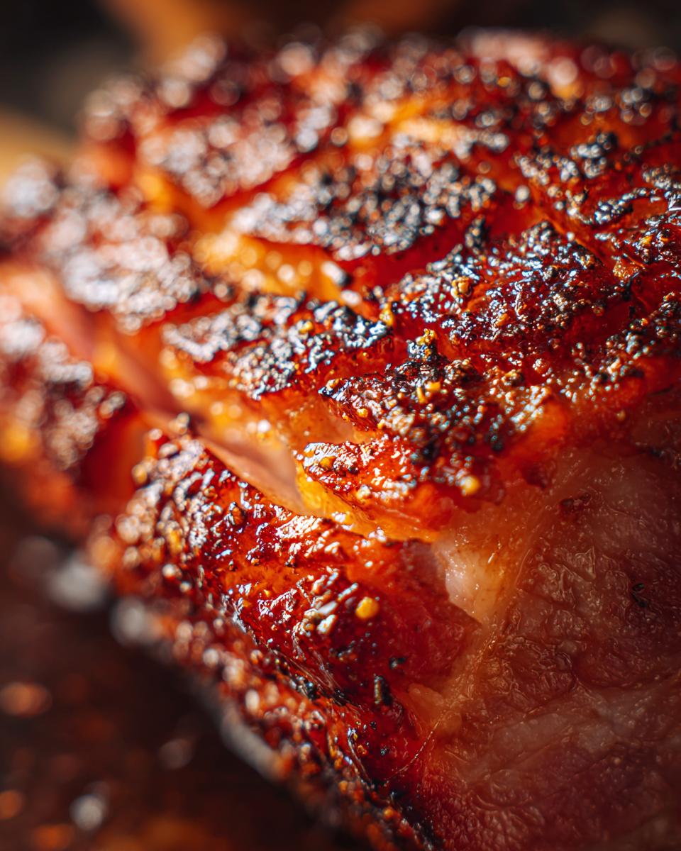 Close-up shot of a perfectly cooked honey glazed ham with a glistening, caramelized crust and visible spices.