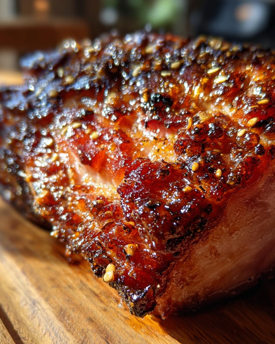 Close-up shot of a succulent honey glazed ham with a glistening, caramelized crust and sesame seeds.