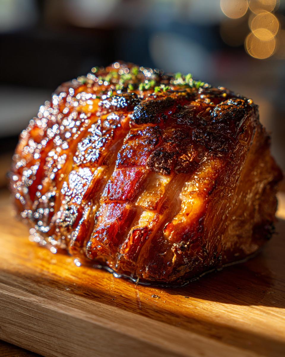 Close-up of a glistening honey glazed ham with scored skin and fresh herbs on top, presented on a wooden board.