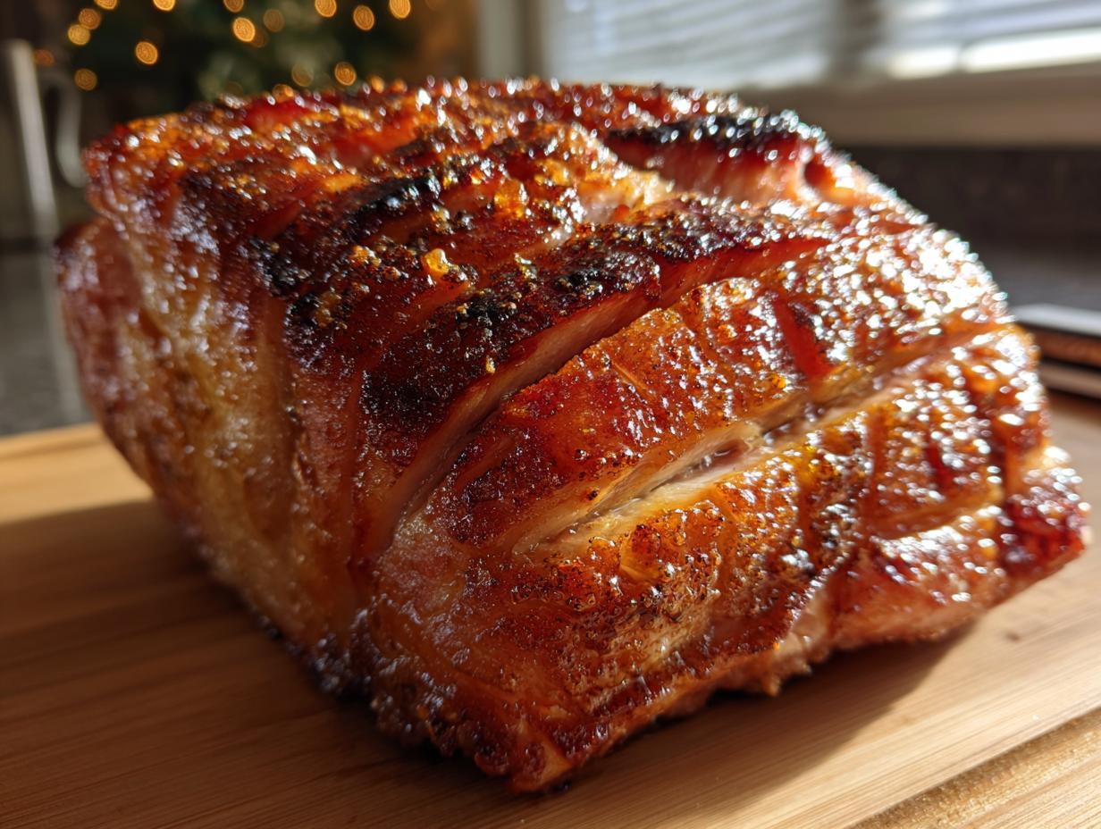 A close-up of a perfectly cooked Honey Glazed Ham, glistening with a rich, caramelized glaze and scored skin.
