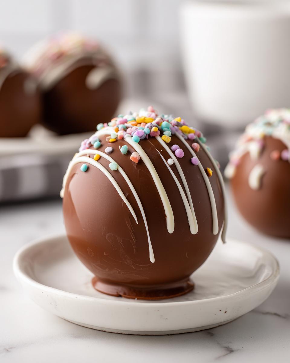 A close-up of a delicious chocolate hot chocolate bomb topped with white chocolate drizzle and colorful sprinkles, sitting on a small white plate.