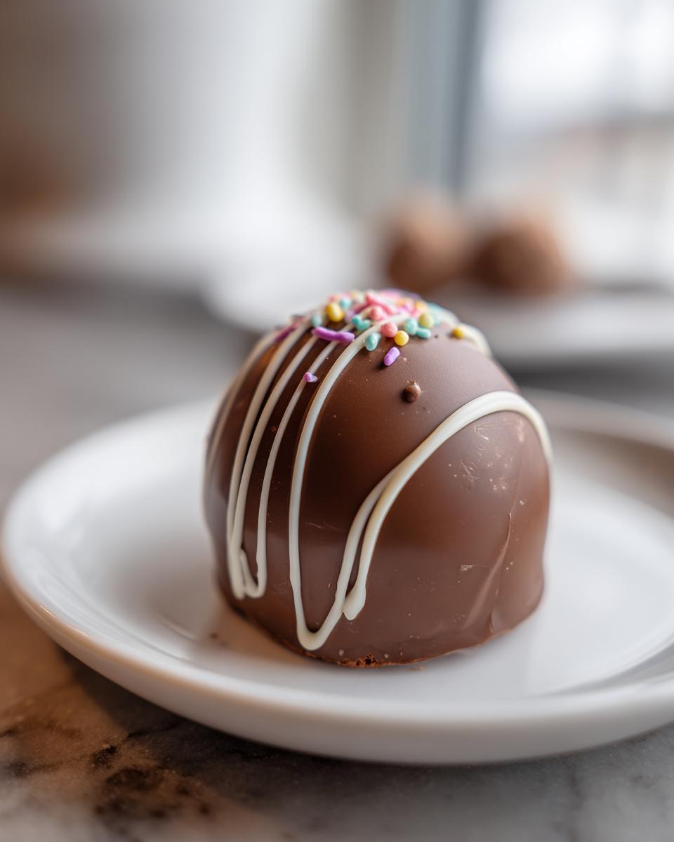 A single, decadent chocolate hot chocolate bomb topped with white drizzle and colorful sprinkles, resting on a white plate.