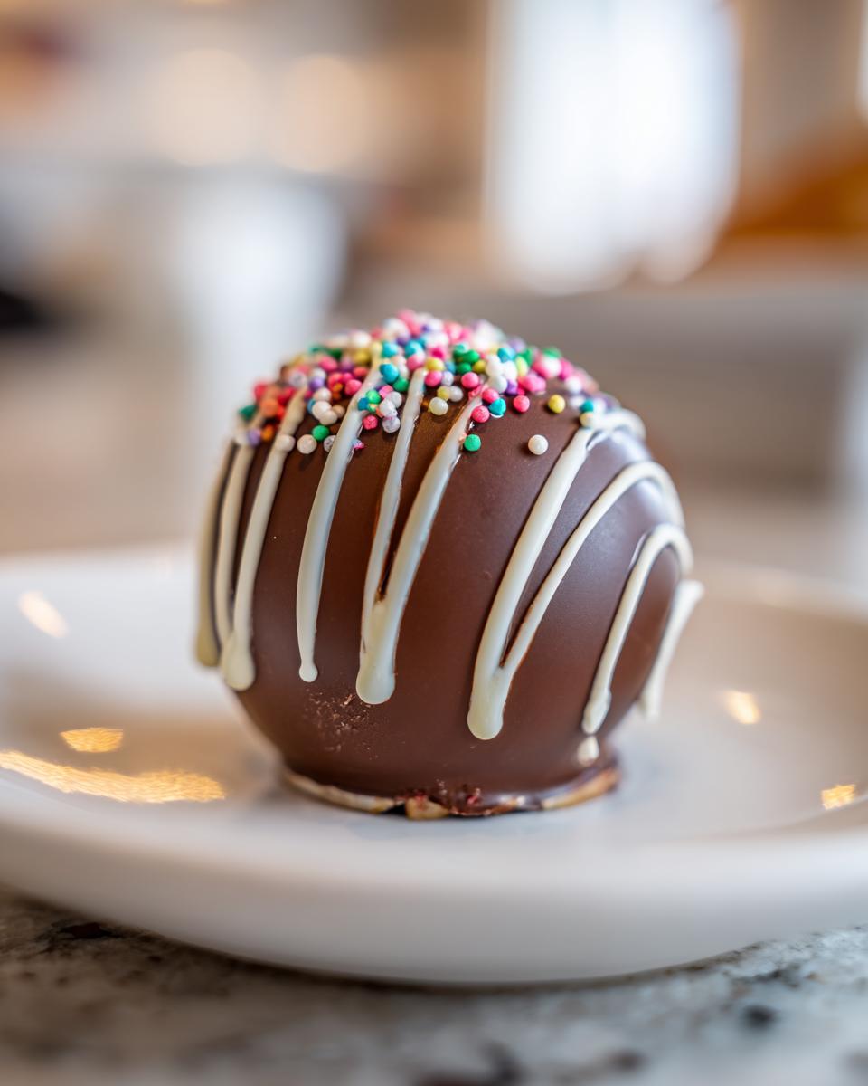 A close-up of a chocolate hot chocolate bomb, drizzled with white chocolate and topped with colorful sprinkles, sitting on a white plate.