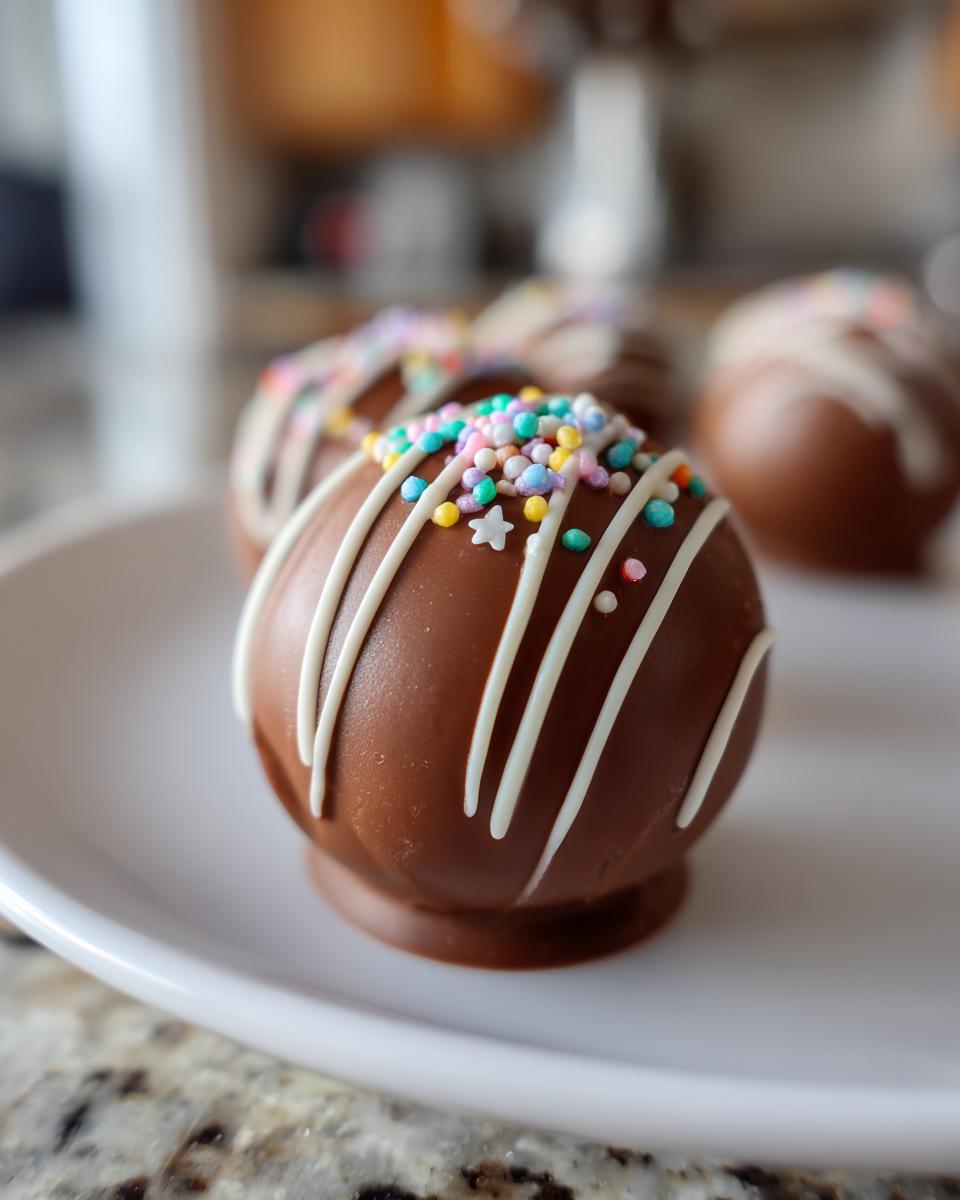 Close-up of a chocolate hot chocolate bomb topped with white drizzle and colorful sprinkles on a white plate.