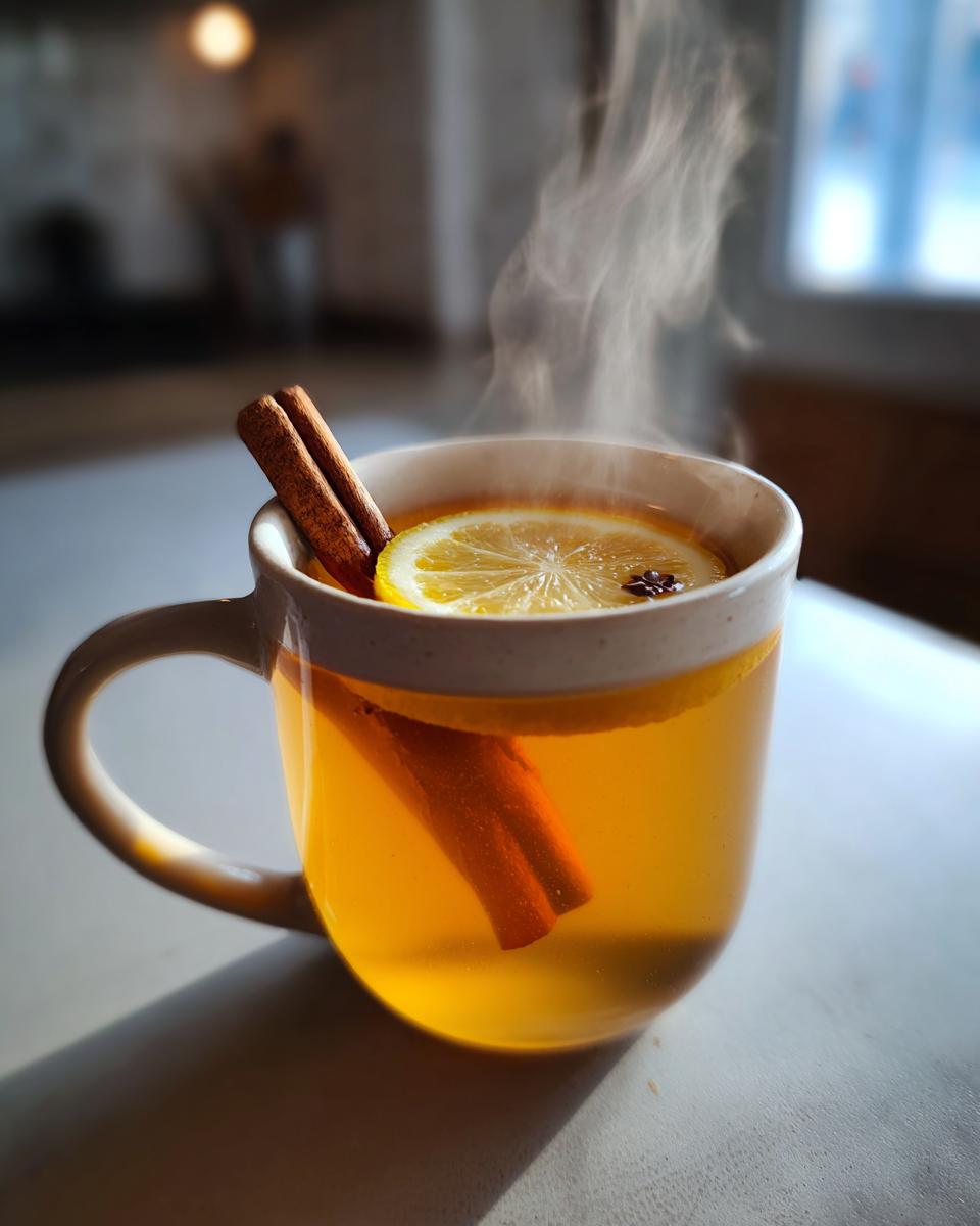 A steaming mug of Hot Toddy, garnished with a lemon slice, cinnamon sticks, and a clove.