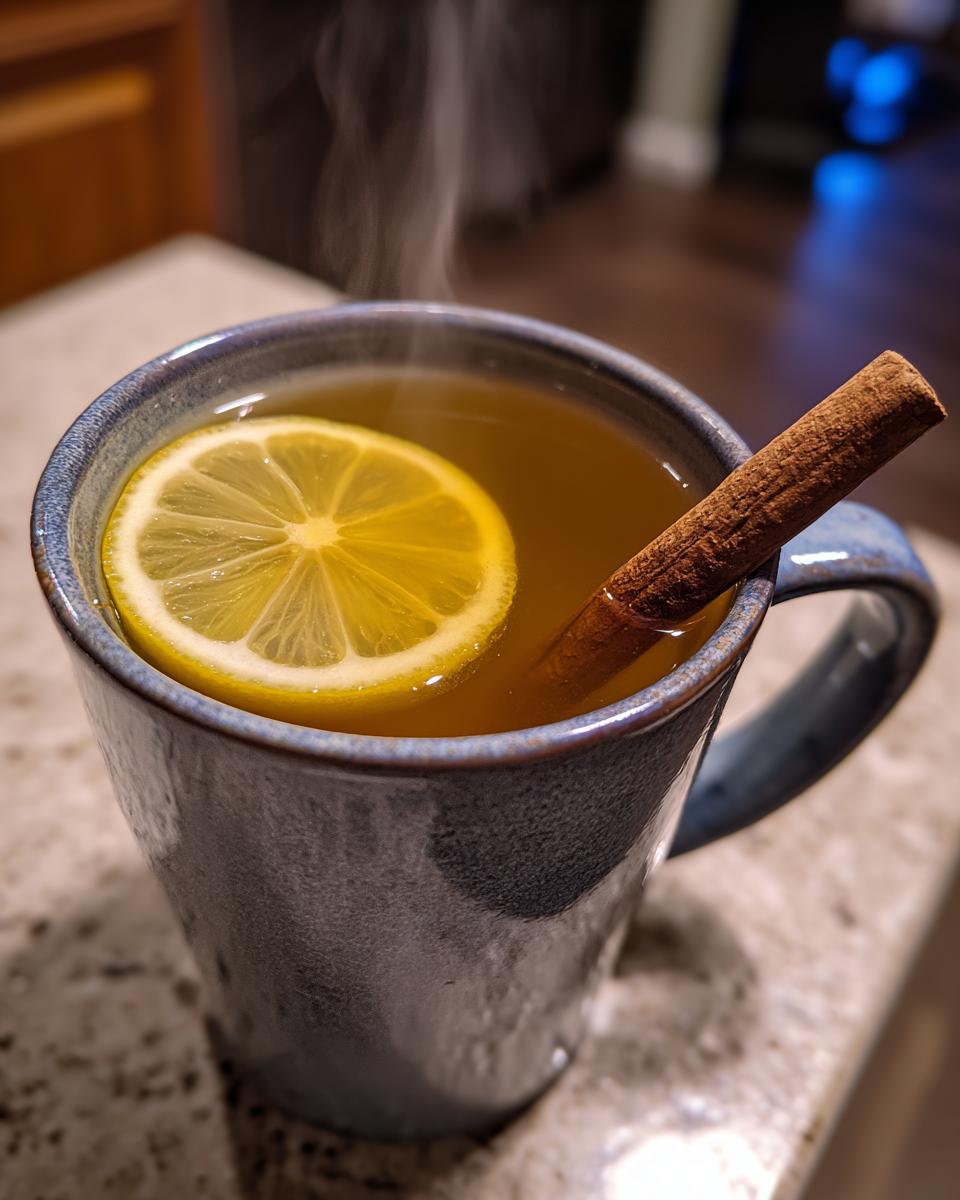 A close-up of a steaming Hot Toddy in a blue mug, garnished with a lemon slice and a cinnamon stick.