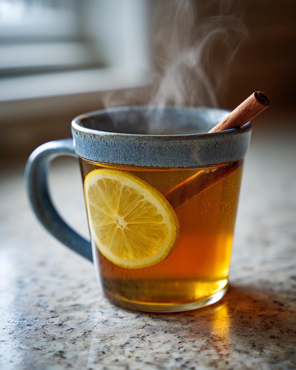 A close-up of a steaming Hot Toddy in a mug, garnished with a lemon slice and a cinnamon stick.