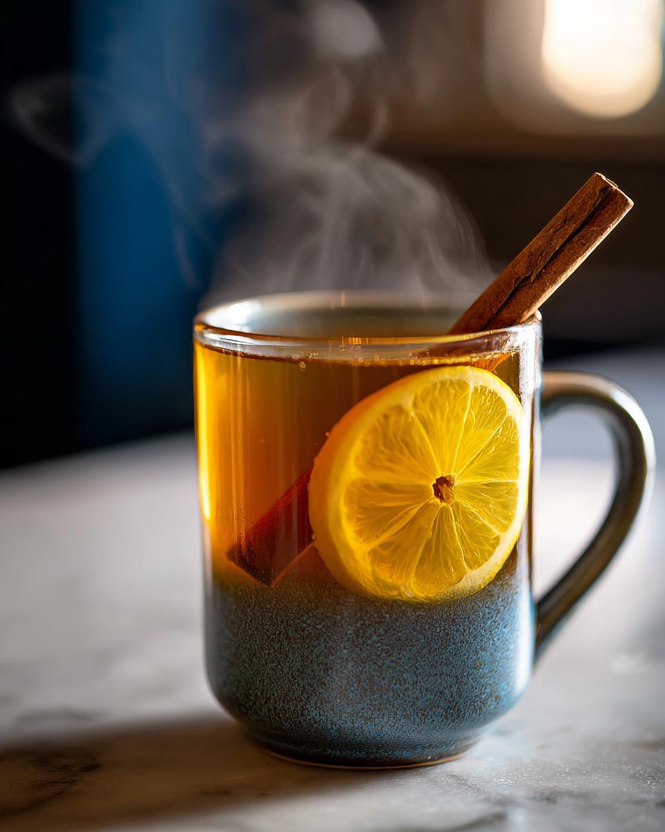 A close-up of a steaming Hot Toddy in a mug, garnished with a slice of lemon and a cinnamon stick.