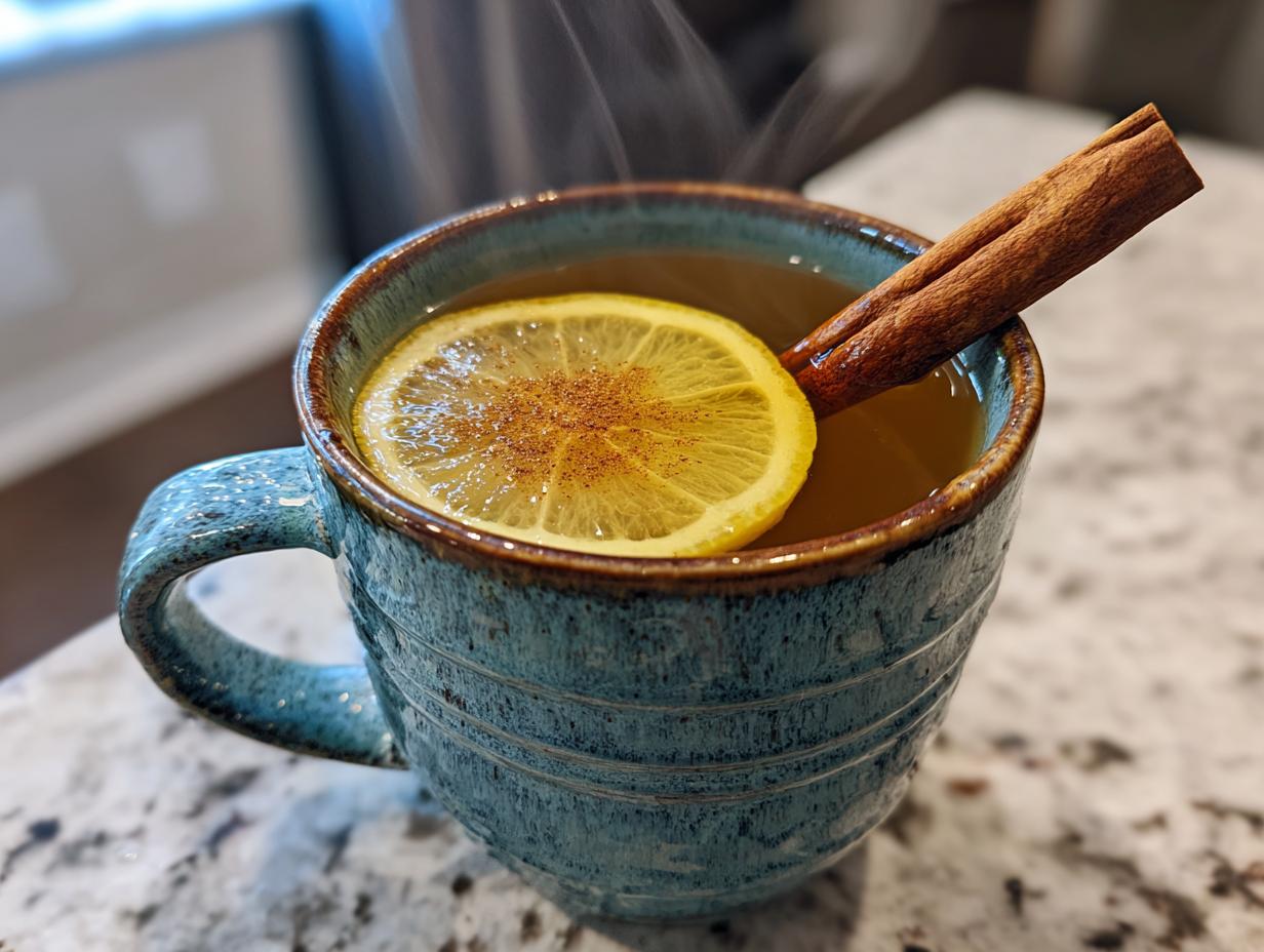 A close-up of a steaming Hot Toddy in a rustic blue mug, garnished with a lemon slice and a cinnamon stick.