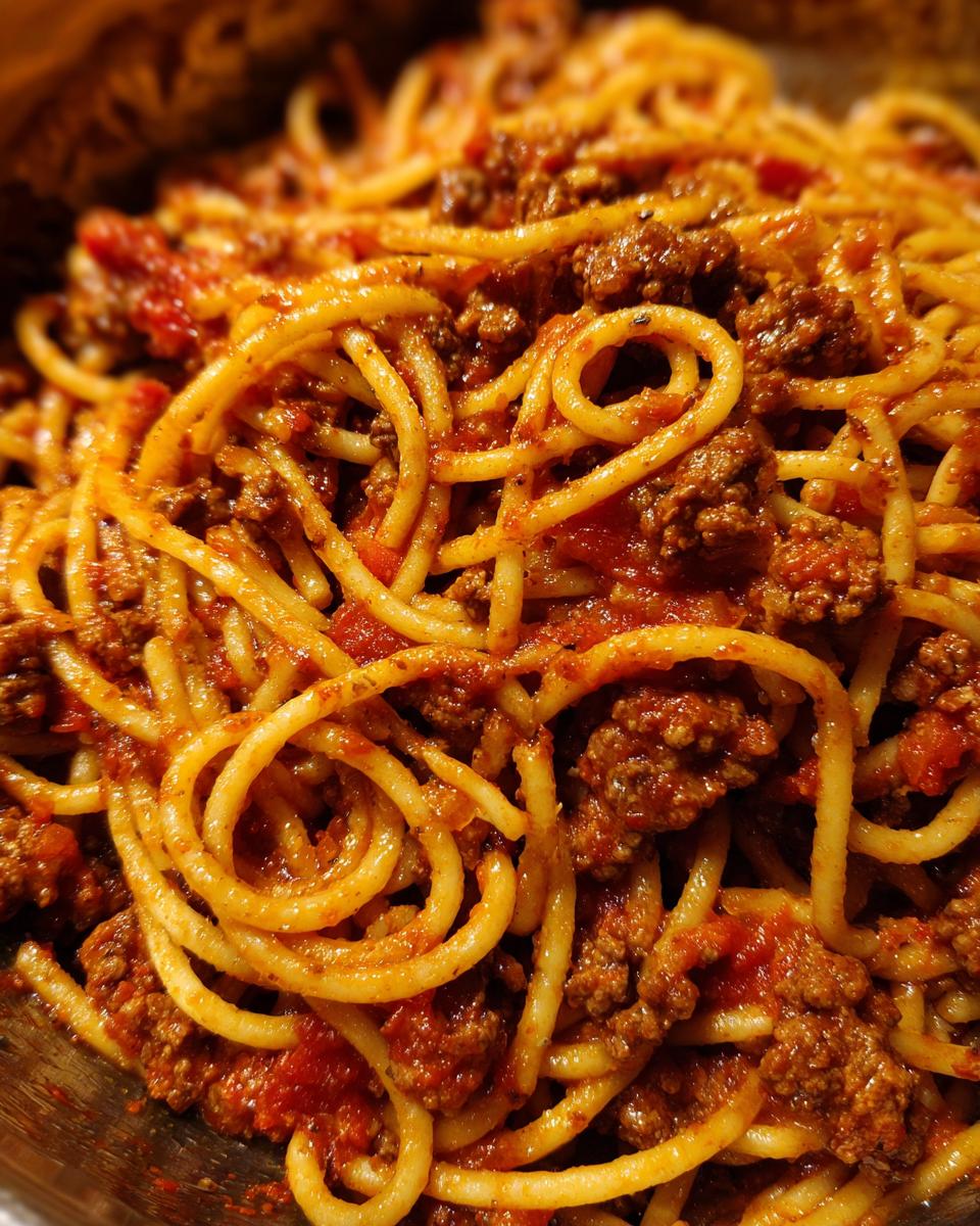Close-up of a bowl of Instant Pot spaghetti with a rich meat sauce.