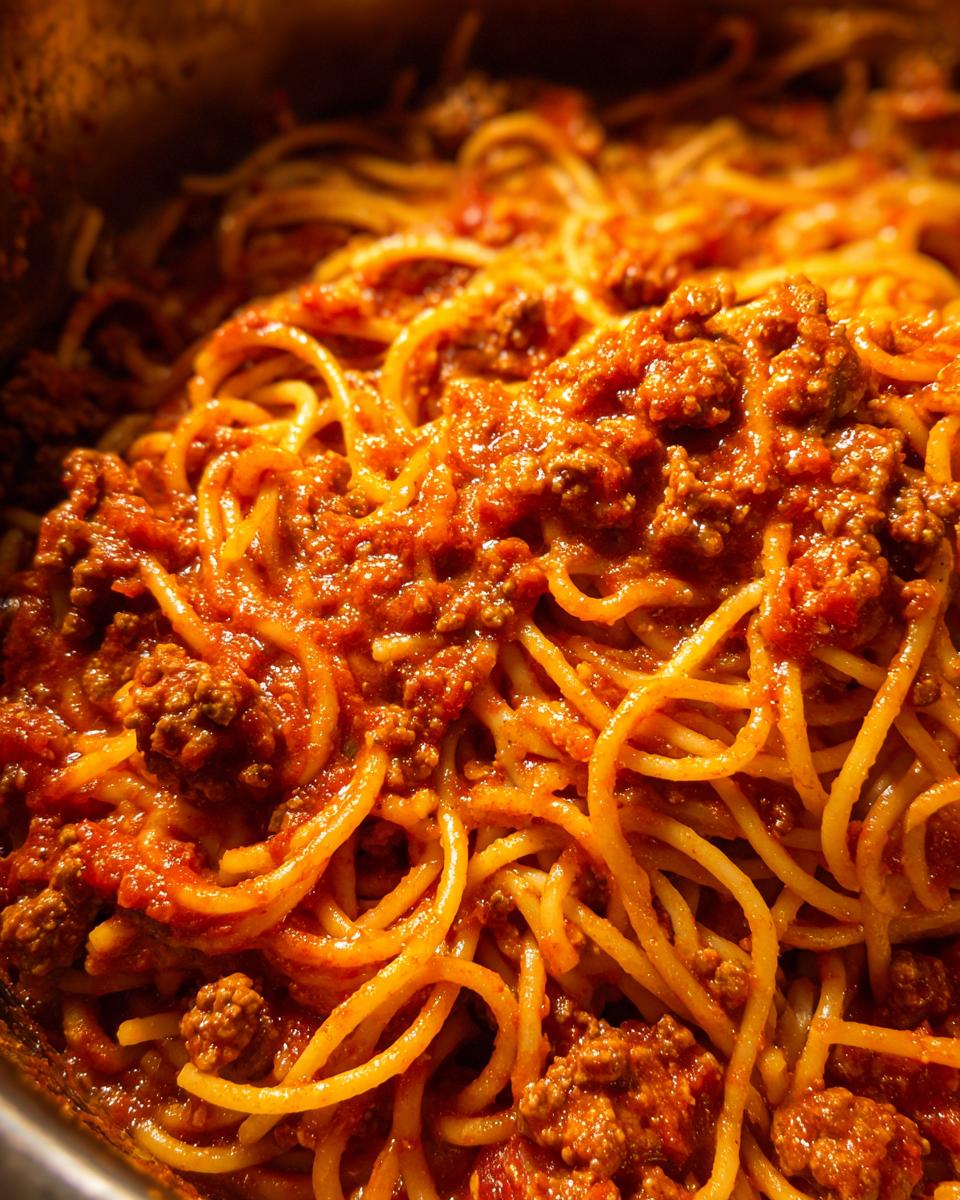 Close-up of a pot filled with delicious Instant Pot spaghetti and rich meat sauce.