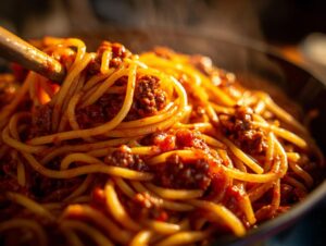 Close-up of steaming Instant Pot spaghetti with rich meat sauce being served with a wooden spoon.