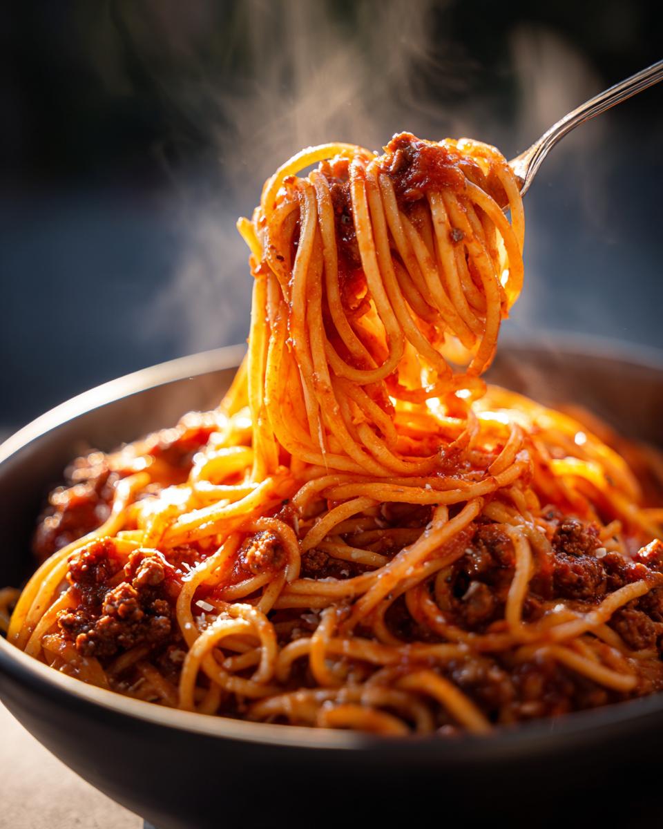 A fork lifting a steaming portion of Instant Pot spaghetti with rich meat sauce from a dark bowl.