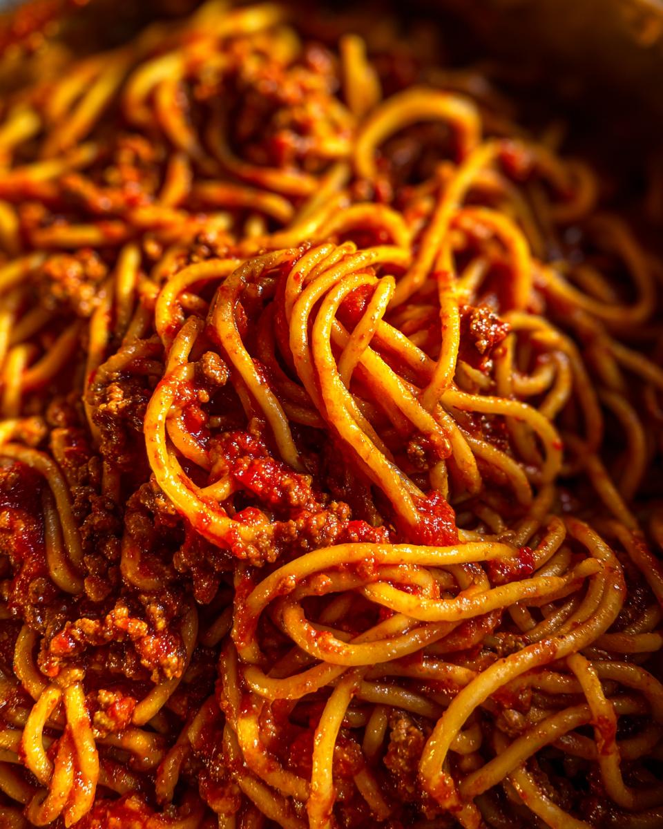 Close-up of delicious Instant Pot spaghetti with a rich meat sauce.