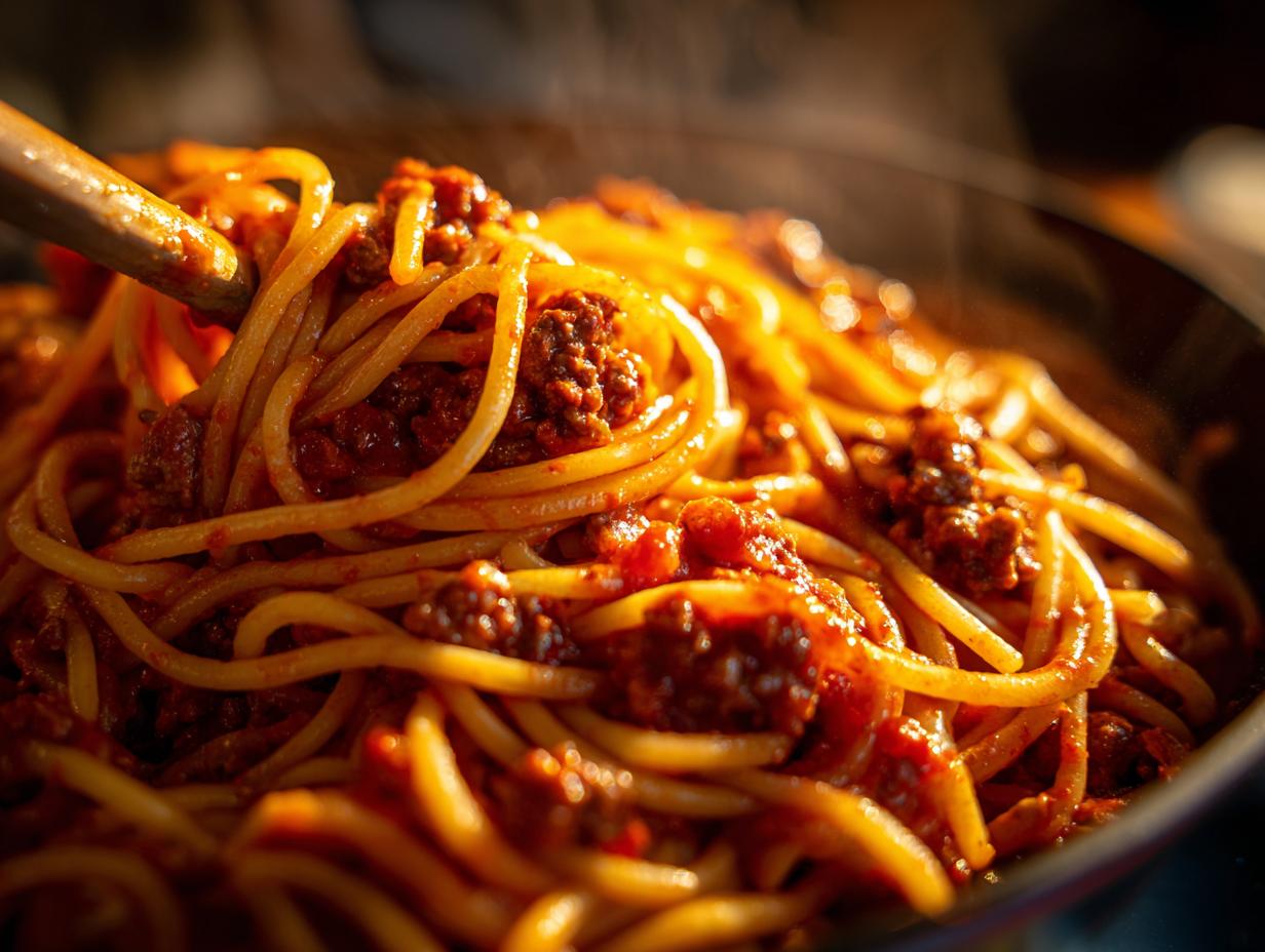 Close-up of steaming Instant Pot spaghetti with rich meat sauce being served with a wooden spoon.