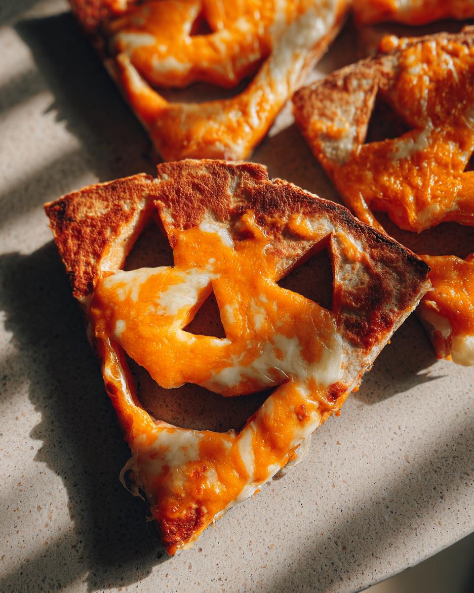 Close-up of a delicious Jack-o'-lantern Quesadilla, featuring melted cheese and a carved pumpkin face.