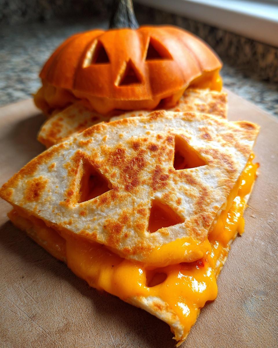 Close-up of delicious Jack-o'-lantern Quesadillas with melted cheese oozing out, a carved pumpkin in the background.