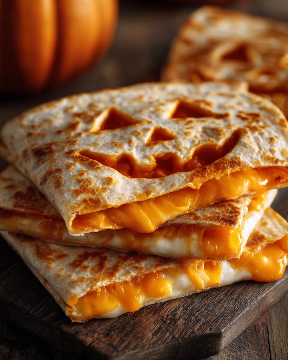 A stack of three Jack-o'-lantern Quesadillas filled with melted cheese, cut into triangles.