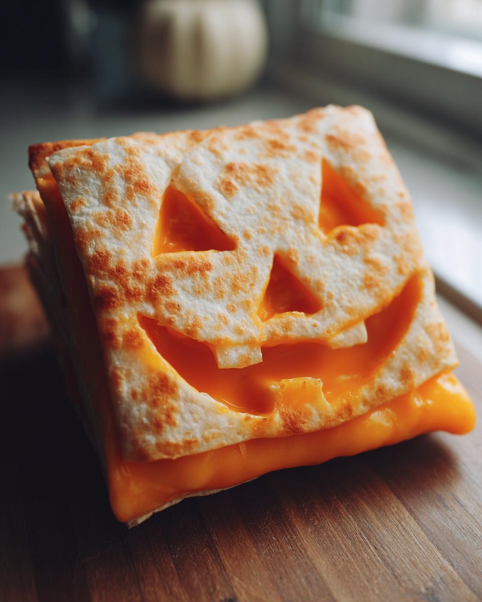 Close-up of a Jack-o'-lantern Quesadilla, featuring a carved tortilla face with melted cheese oozing out.