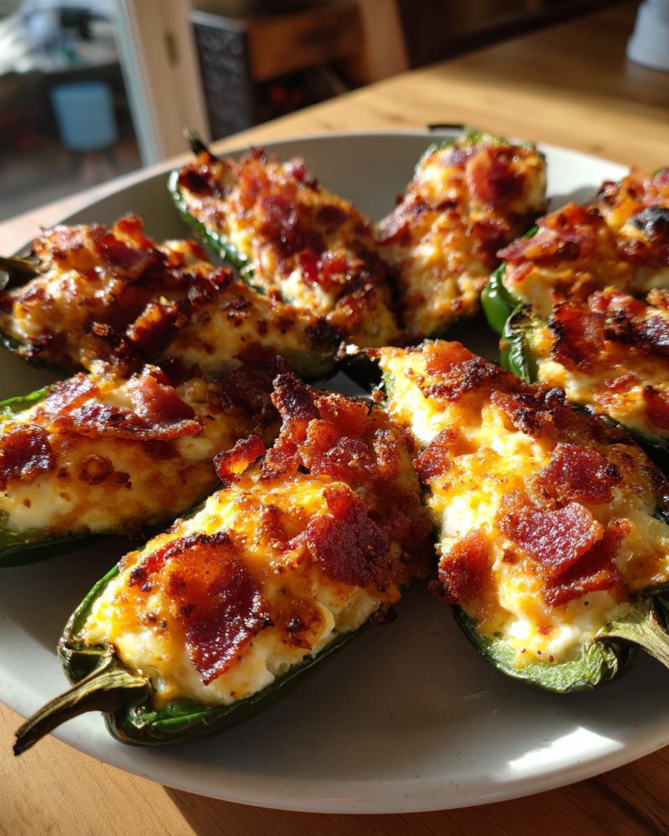 A plate of freshly baked jalapeno poppers filled with cream cheese and topped with crispy bacon.
