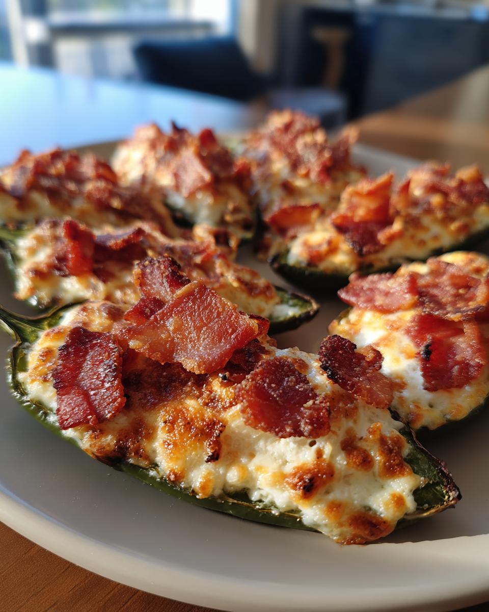Close-up of baked jalapeno poppers filled with cheese and topped with crispy bacon.