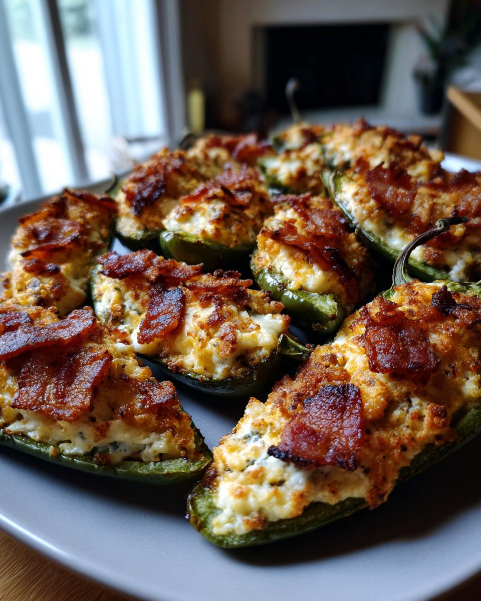 A close-up of several baked jalapeno poppers filled with cream cheese and topped with crispy bacon.