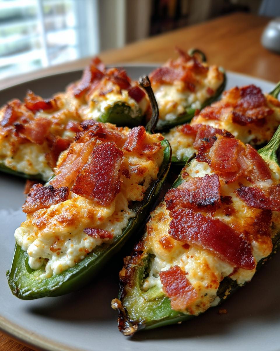 Close-up of baked jalapeno poppers stuffed with creamy filling and topped with crispy bacon.
