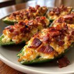 Close-up of freshly baked jalapeno poppers filled with cheese and topped with crispy bacon.