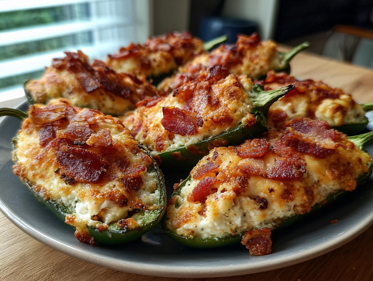 Close-up of baked jalapeno poppers filled with cream cheese and topped with crispy bacon.
