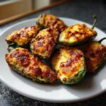 A close-up of several golden-brown baked Jalapeño Poppers filled with cheese on a white plate.