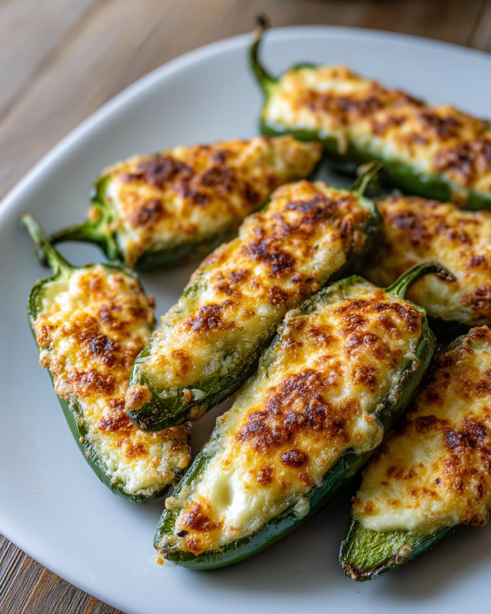 Close-up of freshly baked Jalapeño Poppers filled with creamy cheese and topped with golden-brown crust.