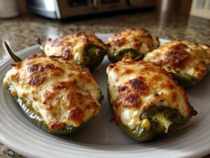 Close-up of five baked Jalapeño Poppers filled with cheese and topped with golden-brown melted cheese.