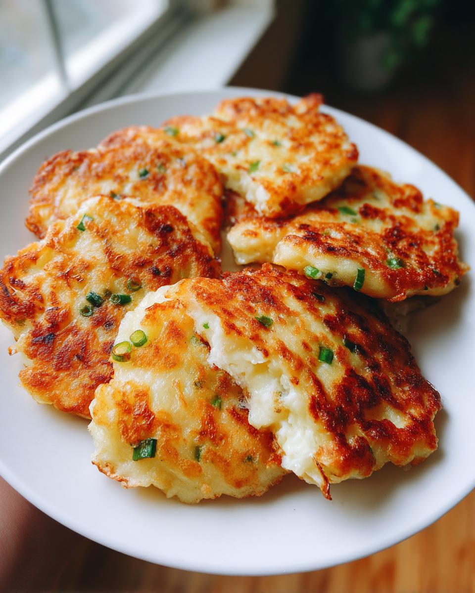 A plate of golden-brown leftover mashed potato pancakes, flecked with green onions, with one pancake broken open to show the fluffy interior.