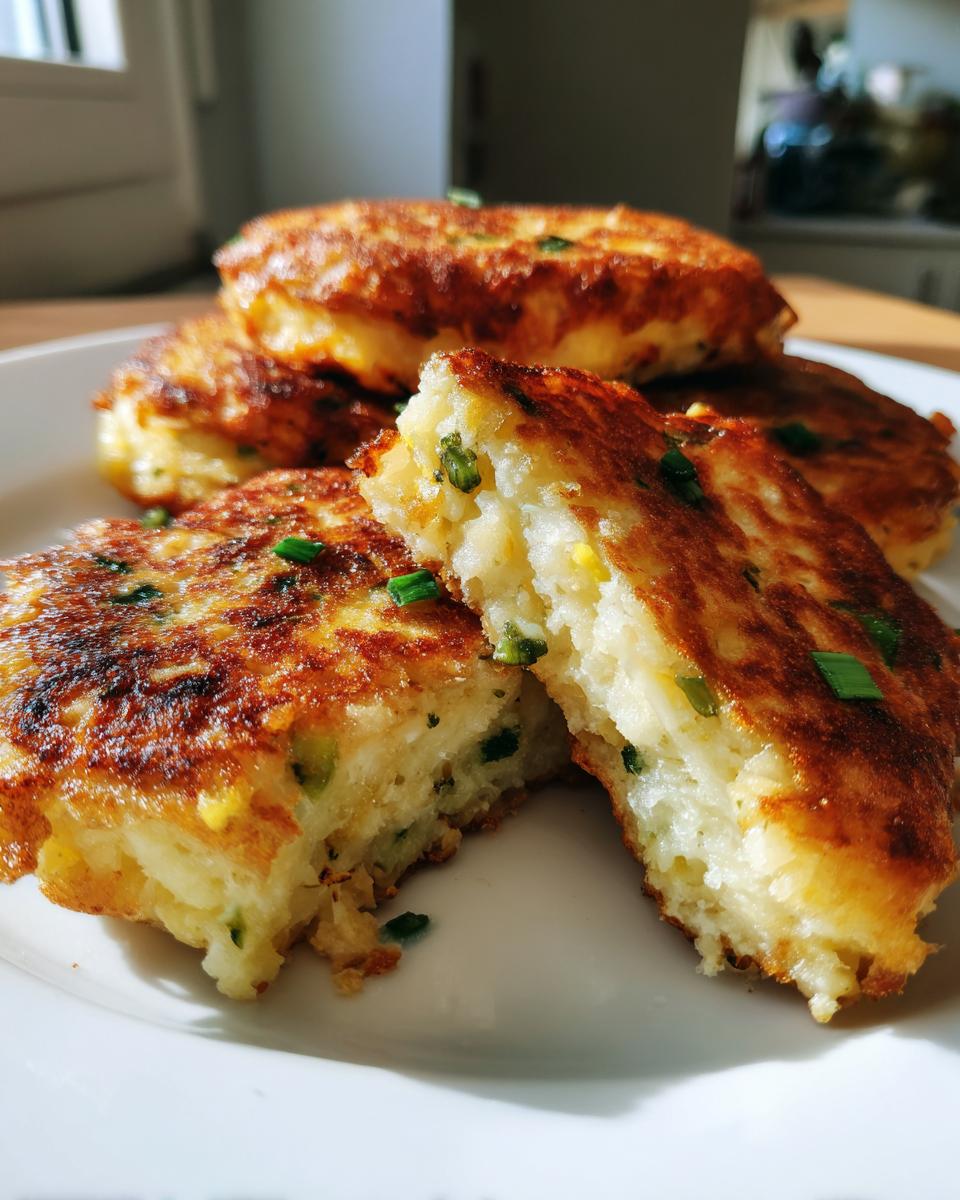 A close-up of golden-brown leftover mashed potato pancakes, one split open to reveal a fluffy interior with green onions.