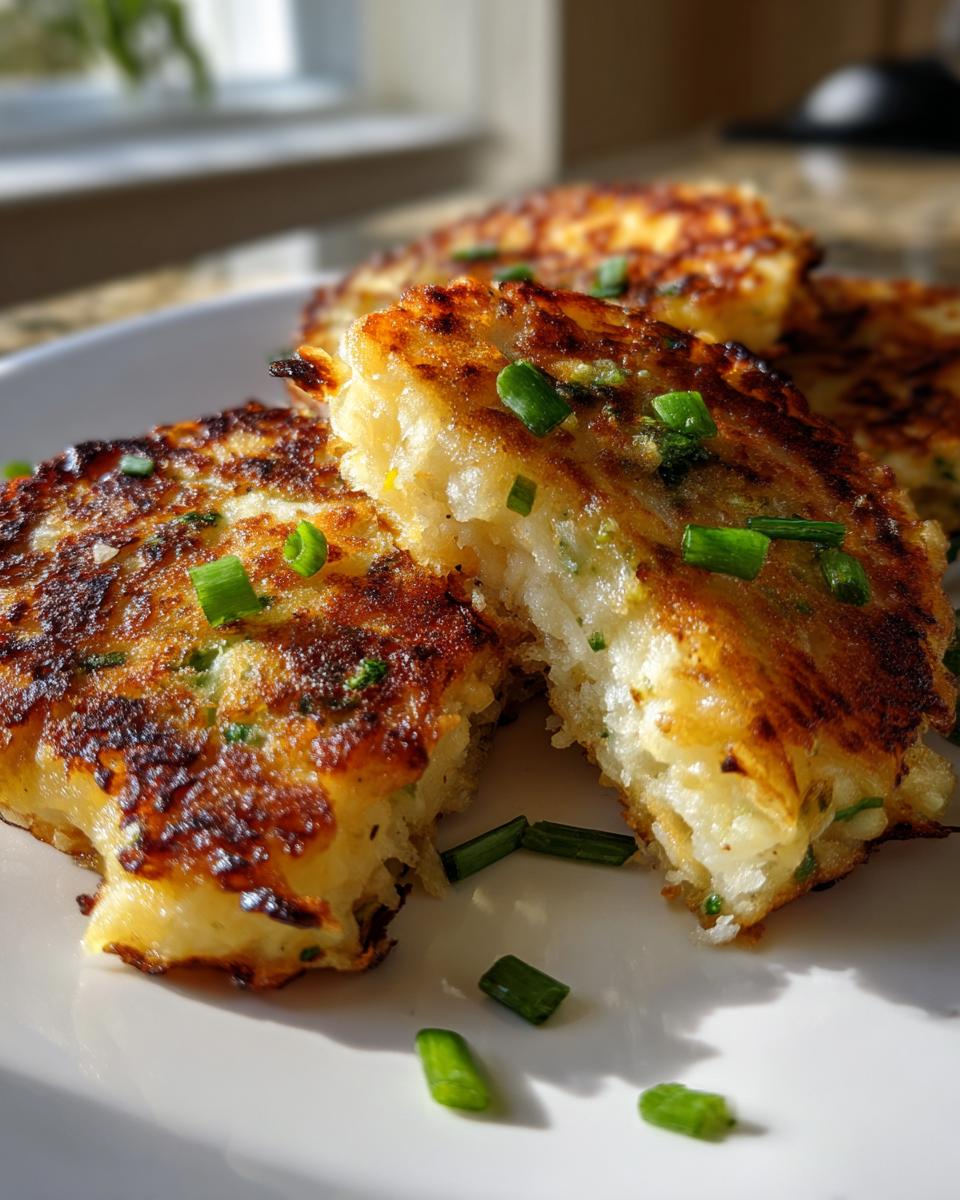 Close-up of golden-brown leftover mashed potato pancakes, one split open, garnished with chopped green onions.