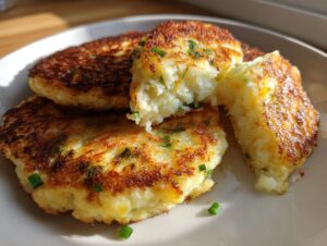 Close-up of golden-brown leftover mashed potato pancakes, one broken open to reveal a fluffy interior with chives.