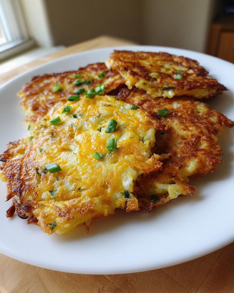 Close-up of golden-brown leftover mashed potato pancakes topped with chopped green onions.