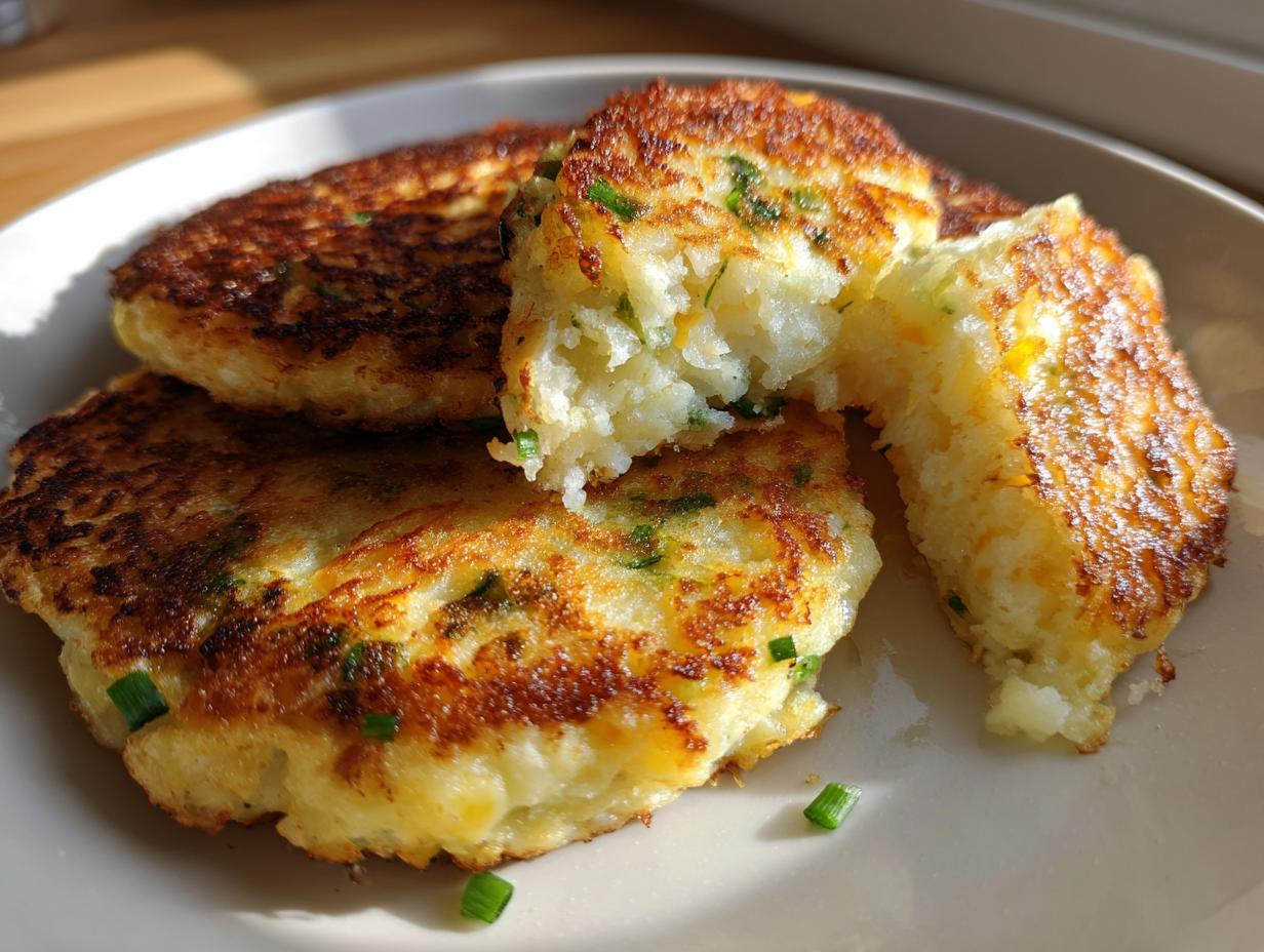 Close-up of golden-brown leftover mashed potato pancakes, one broken open to reveal a fluffy interior with chives.