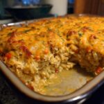 A close-up of a golden-brown baked leftover turkey casserole with melted cheese and chopped herbs.