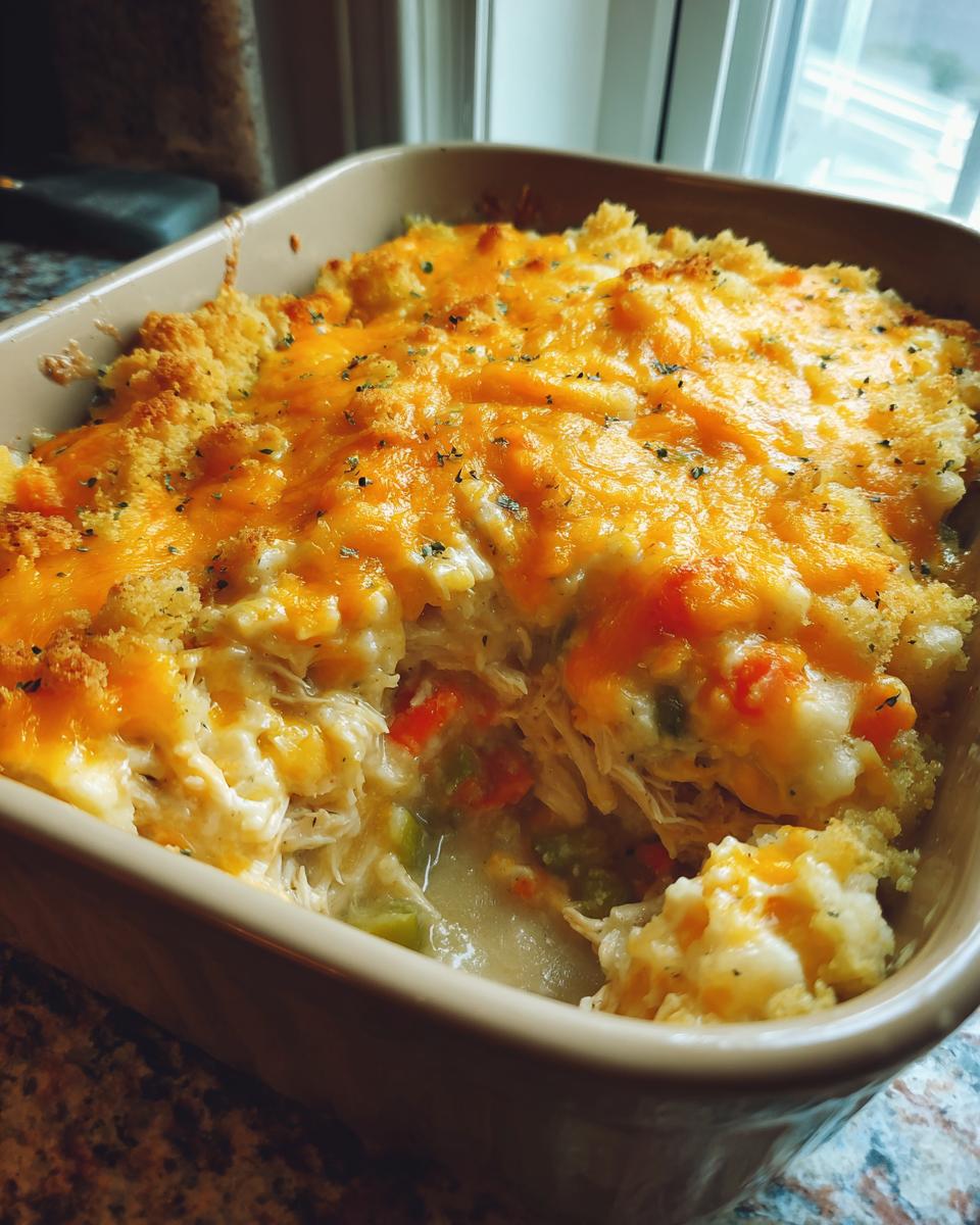 A close-up of a bubbling leftover turkey casserole in a baking dish, topped with melted cheese and breadcrumbs.