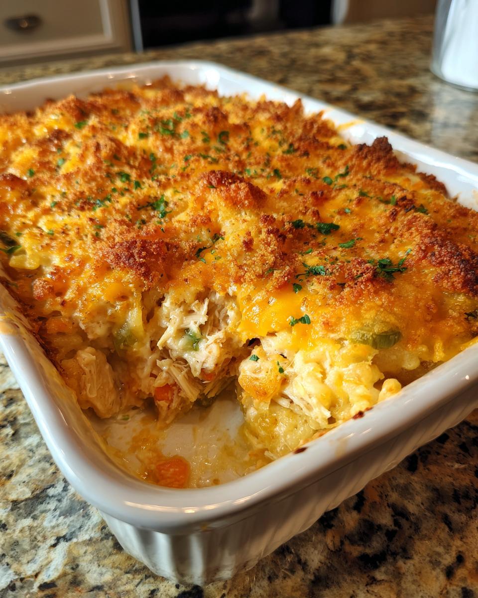 A close-up of a golden-brown leftover turkey casserole in a white baking dish, showing shredded turkey and vegetables.