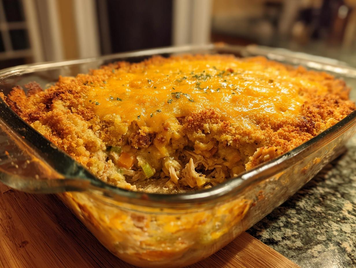 A golden-brown baked Leftover Turkey Casserole with melted cheese and a crispy topping in a glass dish.