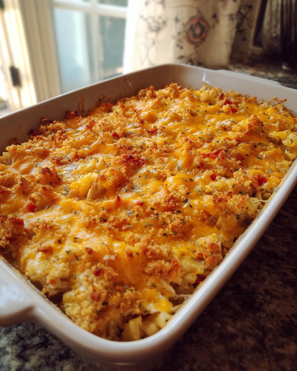 A golden-brown leftover turkey casserole in a white baking dish, topped with melted cheese and breadcrumbs.