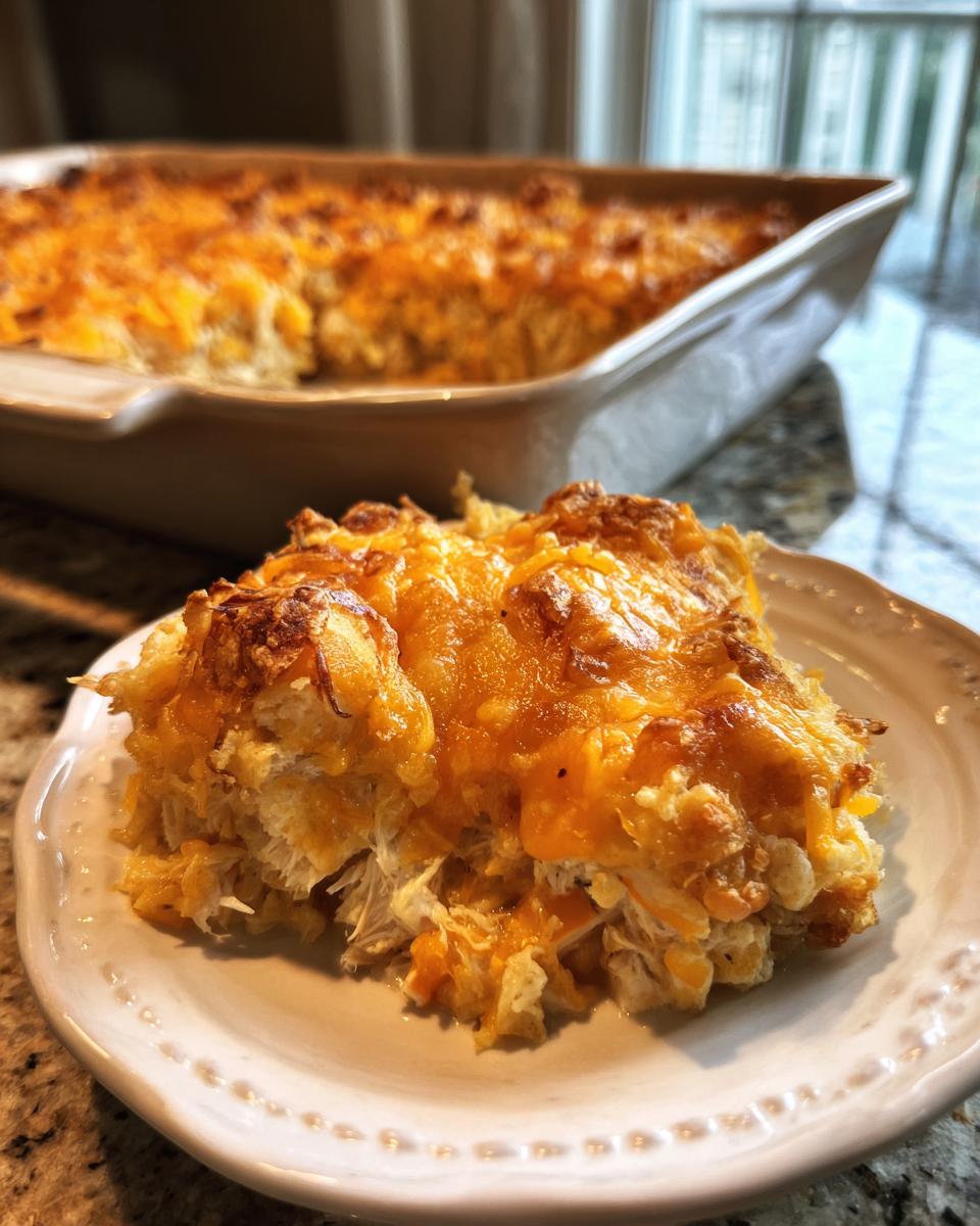 A close-up of a slice of leftover turkey casserole topped with melted golden cheese.