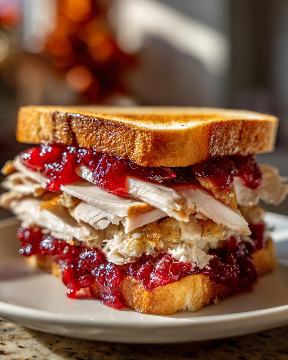 A tall, stacked leftover turkey sandwich on toasted bread with generous amounts of cranberry sauce and stuffing.
